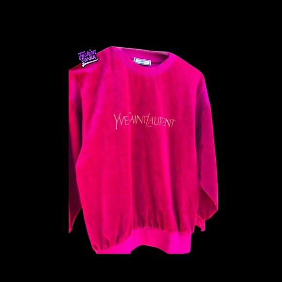 Yves Saint Laurent Sweaters - Yves Saint Laurent Fuchsia Pink Gold Embroidered Logo Velvet Velour Sweatshirt